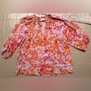 Caballero Pink Orange Abstract Print Blouse S Small Tie Neck 3/4 Sleeve